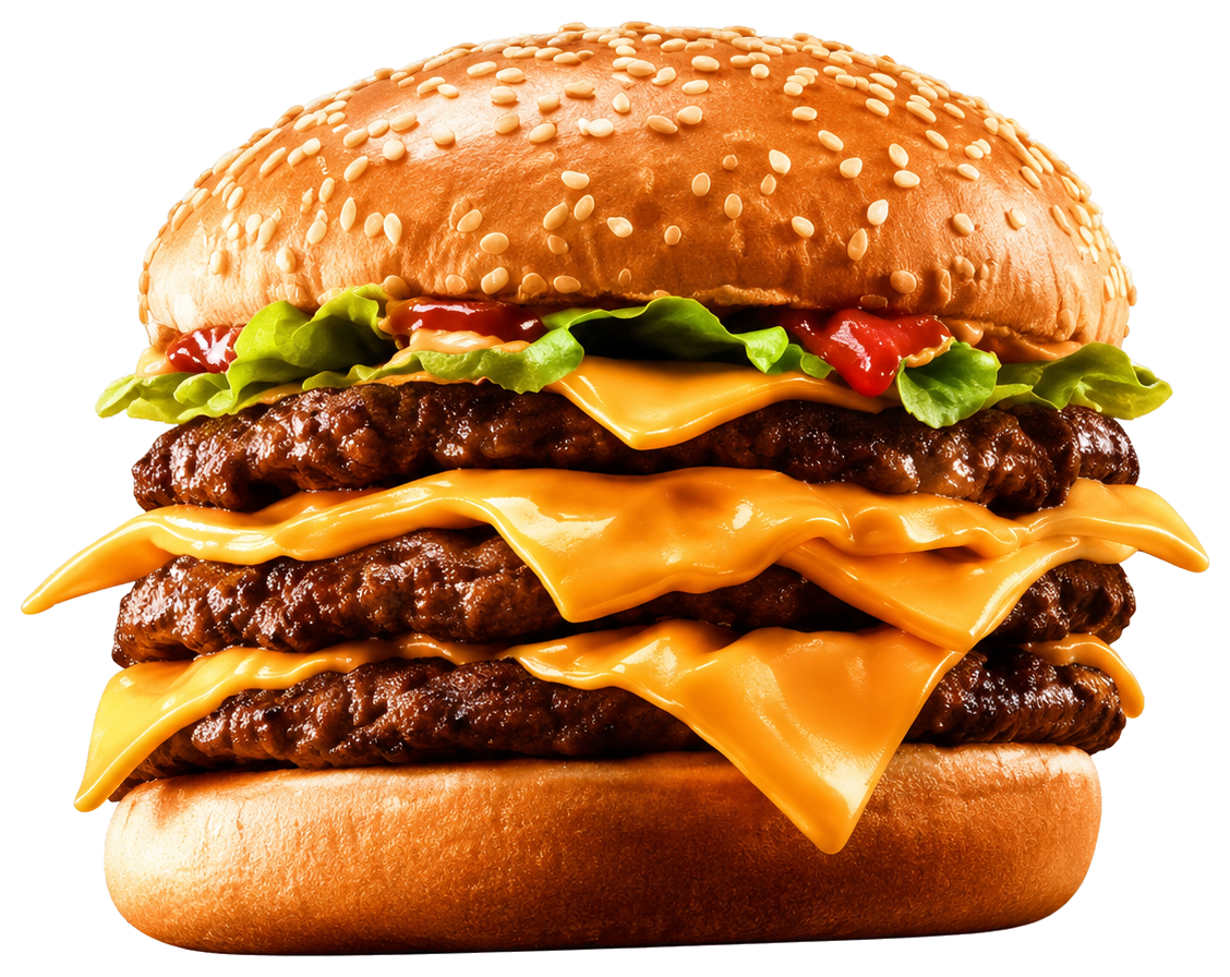A stacked triple cheeseburger with lettuce and sauce