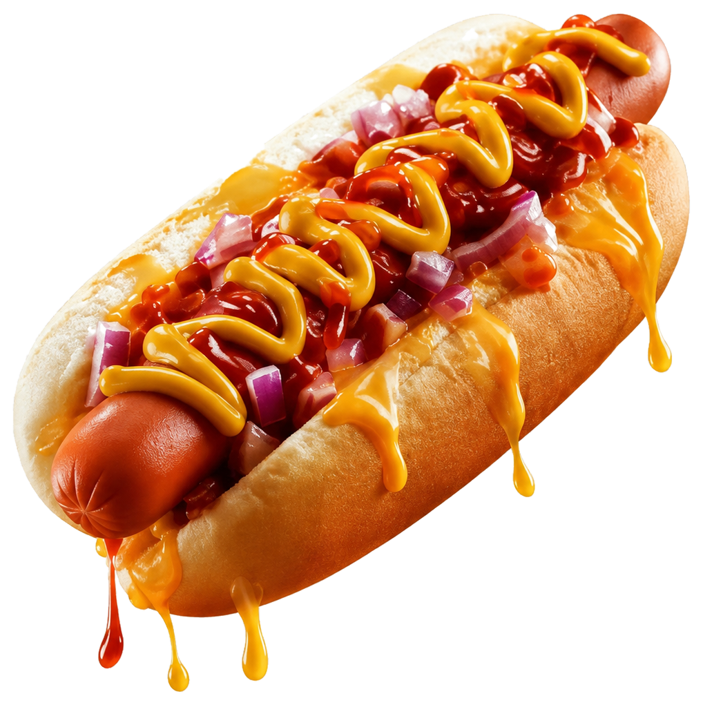 A loaded hot dog with mustard, ketchup and cheese sauce