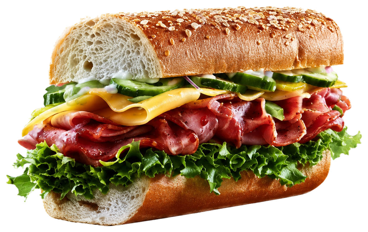 A stacked deli sandwich with lettuce, cheese and cucumber